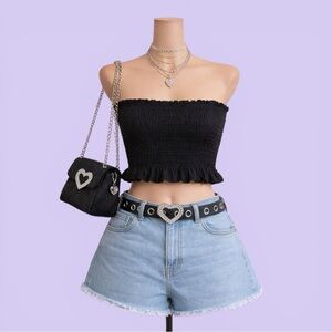 Lottie Moss Black Smocked Bandeau Crop Top Ruffle Hem Strapless Size S Stretch